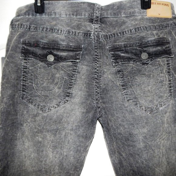 NWT Men TRUE RELIGION GENO RELAXED SLIM FLAP Acid Wash Grey Velour Jeans 38 x 33 - Picture 3 of 8